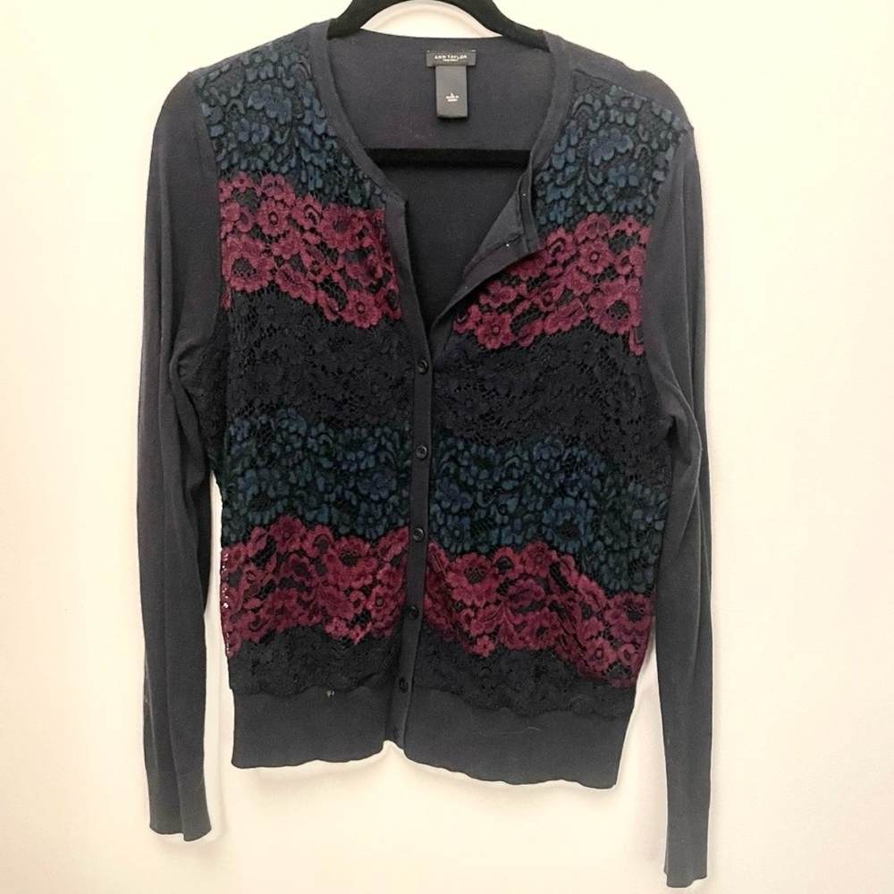 Ann Taylor Factory Navy Lace Color Block Cardigan Size Large